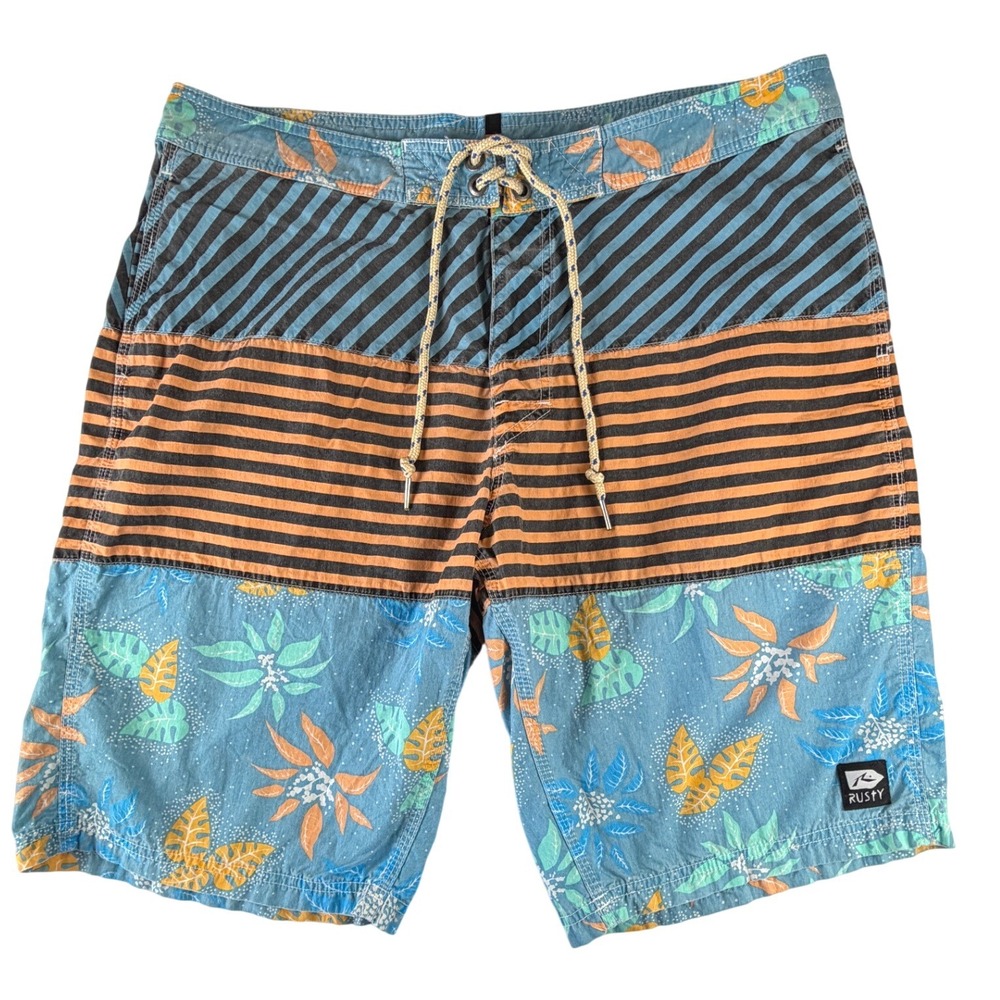 Rusty Mens Board‎ Shorts Size 34 Blue Floral Striped Surf Swim Trunks Drawstring
